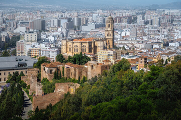 Fototapeta na wymiar Malaga Cathedral and Alcazaba Fortress Aerial view - Malaga, Andalusia, Spain