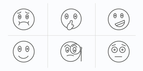 emoji outline icons set. thin line icons such as nauseated emoji, shushing emoji, proud monocle embarrassed vector.