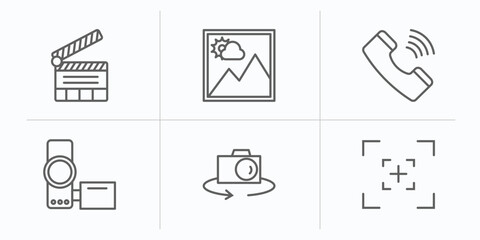 electronic stuff fill outline icons set. thin line icons such as clapperboard, picture, phone receiver, handy cam, flip camera, camera screen vector.