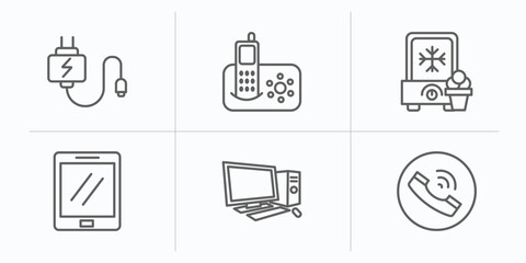 electronic devices outline icons set. thin line icons such as charger, answering hine, ice cream maker, tablet, desktop computer, telephone vector.