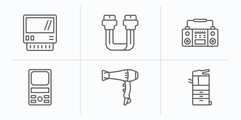 electronic devices outline icons set. thin line icons such as lisa, sata, stereo, weighing, blow dryer, copier vector.