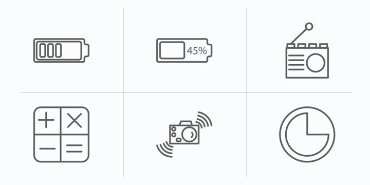 electronic stuff fill outline icons set. thin line icons such as half battery, battery almost full, radio, calculating, shake camera, three quarters vector.