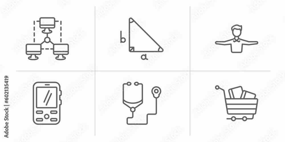 Poster education outline icons set. thin line icons such as computer and network, right triangle, open arms
