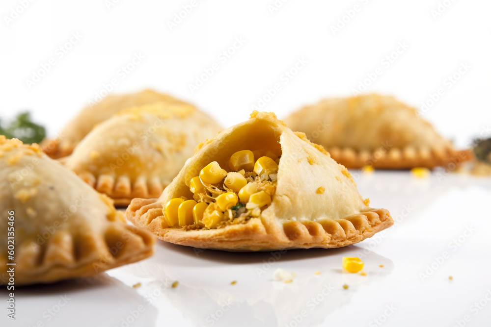 Poster a close up of a plate of empanada pastries with corn on a table. generative ai.