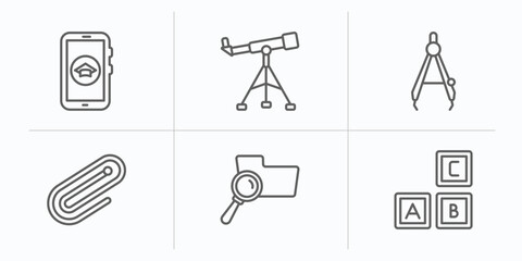 education outline icons set. thin line icons such as smartphone app, telescope, draw with compass, paperclip, searching files, creche vector.