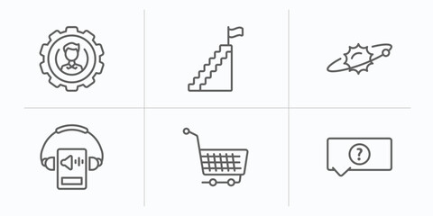 education outline icons set. thin line icons such as users tings, steps to complete, solar system, audio book, shopping cart, unknown topic vector.