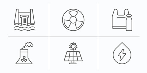 ecology outline icons set. thin line icons such as hydro power, radioactive, plastic, nuclear power, solar panels, water energy vector.