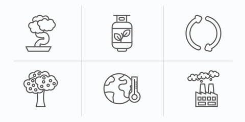 ecology outline icons set. thin line icons such as bonsai, biogas, reuse, fruit tree, greenhouse effect, pollution vector.