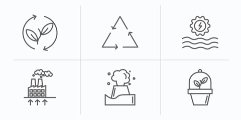 ecology outline icons set. thin line icons such as renewable, recyclable, hydraulic energy, geothermal energy, geyser, ecologism vector.