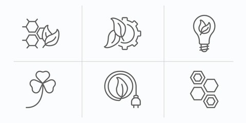 ecology outline icons set. thin line icons such as eco cell, eco industry, green energy, shamrock, eco power, power cells vector.