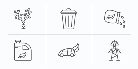 ecology outline icons set. thin line icons such as tree with hearts, dust bin, seeds, biodiesel, eco energy car, electric station vector.
