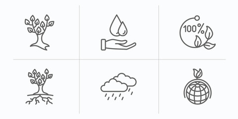 ecology outline icons set. thin line icons such as tree with many leaves, save water, 100 percent natural, tree and roots, raining, sustainability vector.