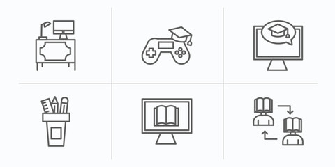 e learning and education outline icons set. thin line icons such as workspace, game-based learning, e learning, pencil box, digital book, asynchronous vector.