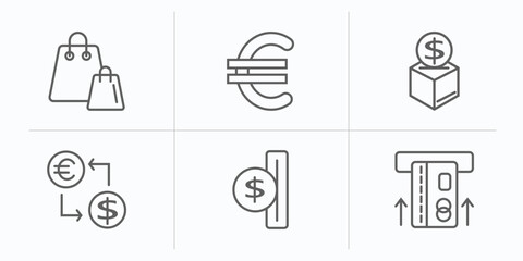 e commerce and payment outline icons set. thin line icons such as merchandise, euro, moneybox, exchange rate, insert coin, insert card vector.