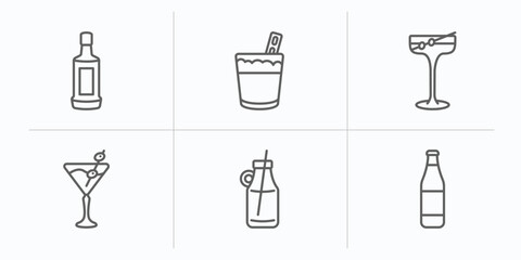 drinks outline icons set. thin line icons such as grain, white russian drink, manhattan, 007 martini, smoothie, lime rickey drink vector.