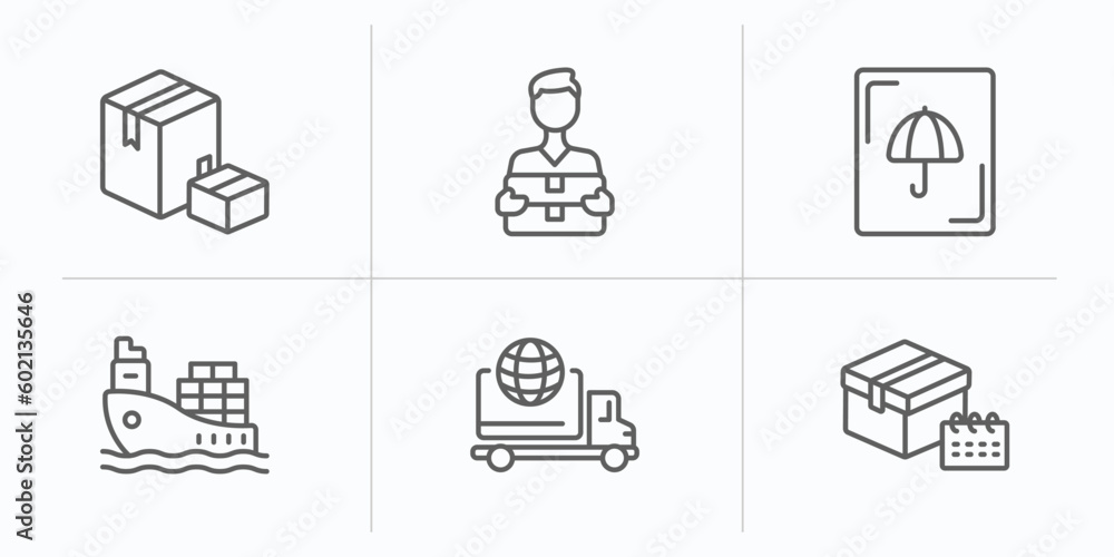Poster delivery and logistic outline icons set. thin line icons such as boxes, courier, logistic umbrella, 
