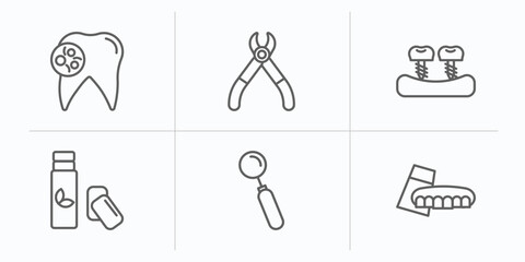 dentist outline icons set. thin line icons such as bacteria in mouth, tooth pliers, fake tooth, chewing gum, mouth mirror, denture vector.