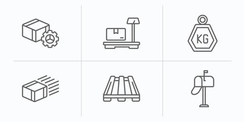 delivery and logistic outline icons set. thin line icons such as delivery tings, delivery weighing, weight, express pallet, postbox vector.