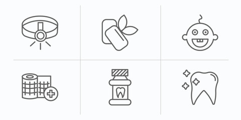 dentist outline icons set. thin line icons such as headlamp, mint gum, baby dental, gauze, mouth wash, tooth whitening vector.