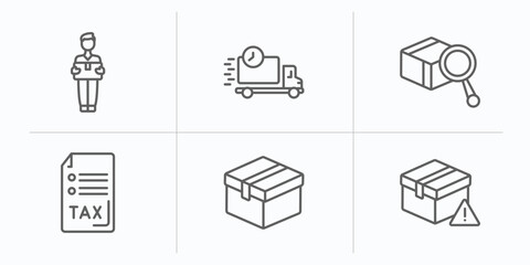 delivery and logistic outline icons set. thin line icons such as delivery man, delivery day, inspection, tax free, box, delay vector.