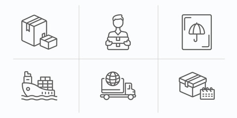 delivery and logistic outline icons set. thin line icons such as boxes, courier, logistic umbrella, ship by sea, logistic, delivery scheduled vector.