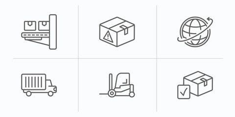 delivery and logistic outline icons set. thin line icons such as delivery x ray, delivery warning, worldwide truck, forklift, package checking vector.