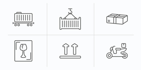 delivery and logistic outline icons set. thin line icons such as cargo train, container hanging, parcel, fragile, side up, delivery by motorcycle vector.