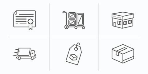 delivery and logistic outline icons set. thin line icons such as charter, package on trolley, post office, fast delivery, delivery tag, packages vector.