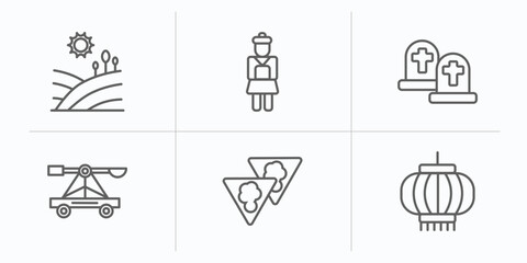 cultures outline icons set. thin line icons such as tuscany, army, cemetery, trebuchet, bolo de fuba, chinese lantern vector.