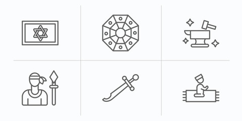 cultures outline icons set. thin line icons such as israel star of david, pa kua mirror, blacksmith, native, scimitar, islamic prayer vector.
