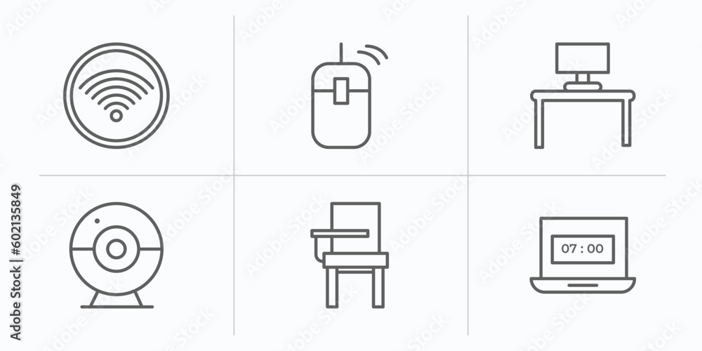 Poster computer outline icons set. thin line icons such as wi fi, computer mouse device, work station, roun