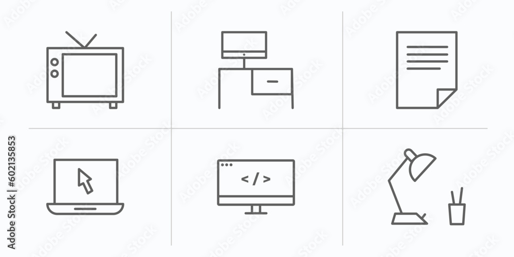 Poster computer outline icons set. thin line icons such as televisions, workstation, data page, open laptop