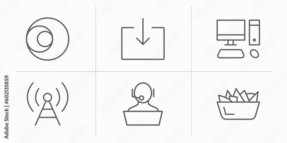 Poster computer outline icons set. thin line icons such as circular de, download from the net, pc with moni