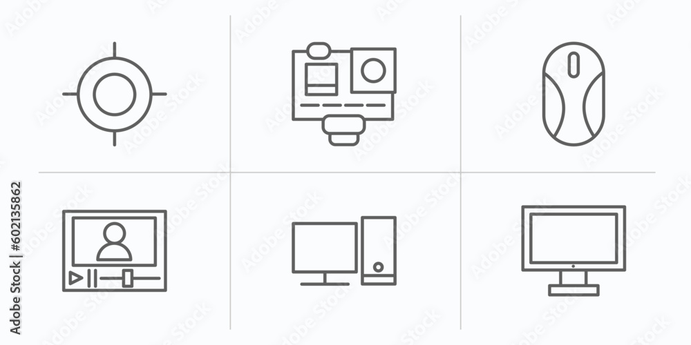 Poster computer outline icons set. thin line icons such as calibrate, action camera, mouse device, video le