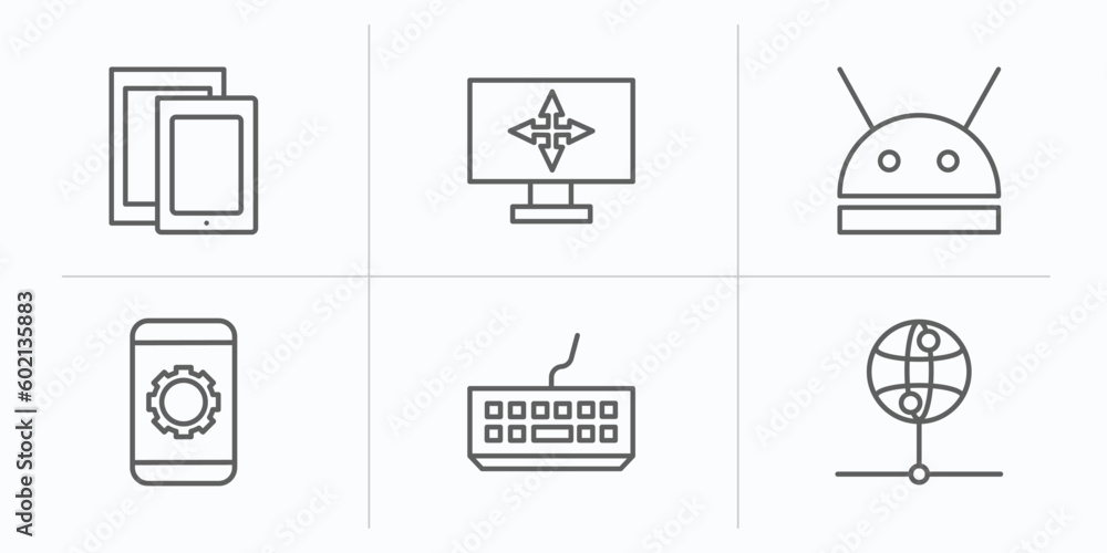 Poster computer outline icons set. thin line icons such as responsive de, full computer, robotic, tablet da