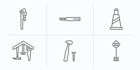 construction tools outline icons set. thin line icons such as clipper, drawing, traffic cone, home repair, hammer and nail, antique key vector.