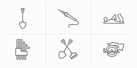 construction and tools outline icons set. thin line icons such as spade, solder, planer, allen keys, shovel and fork, chop saw vector.