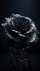 A black rose with gold leaves and a black background. Black Rose flower close up dark roses. Full beautiful knitted rose black vantablack stem. 3D realistic illustration. Generative AI