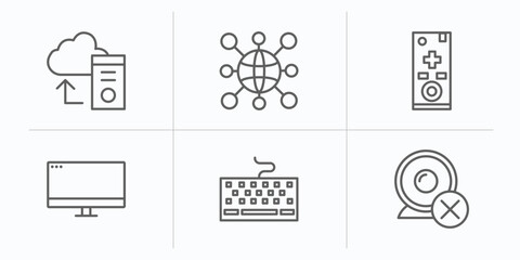 computer outline icons set. thin line icons such as pc storage, information network, tv controller, computer monitor, keyboard with cable, webcam disconnected vector.