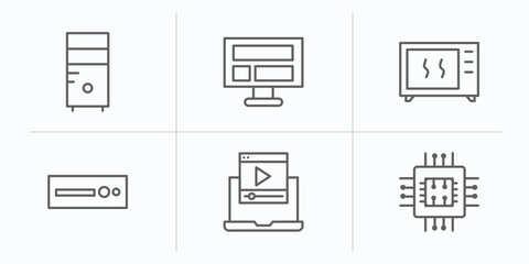 computer outline icons set. thin line icons such as pc tower, computer and monitor, device, dvd drive, computer video, micro chip vector.