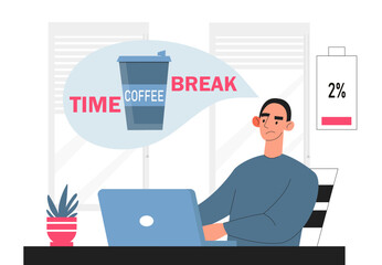 Tired employee concept. Man with low battery sits at laptop. Young guy at workplace dreaming about lunch break. Overworked and overload worker, emotional burnout. Cartoon flat vector illustration