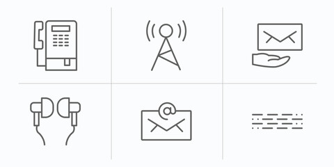 communication outline icons set. thin line icons such as public phone, radio antenna, receiving email, hands free, emails, morse code vector. © IconArt