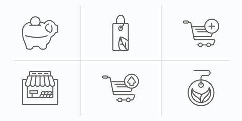 commerce outline icons set. thin line icons such as piggy bank with coin, eco tag, add to cart, grocery store, take out from the cart, eco label vector.