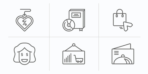 commerce outline icons set. thin line icons such as sale love, book with dvd, black pointer, rich smile, graph frame, restaurant card vector.