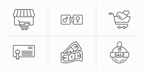 commerce outline icons set. thin line icons such as shopping store, men and women toilet, solidarity purchase, certification file, american dollar, sale label vector.