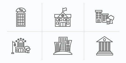 city elements outline icons set. thin line icons such as phone booth, city hall, apartment, motel, skyscrapper, government buildings vector.