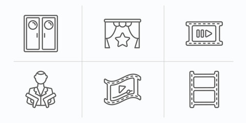 cinema outline icons set. thin line icons such as doorway, premiere, slow motion, hitman, video clip, photograms vector.