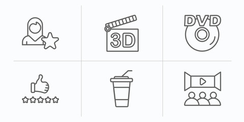 cinema outline icons set. thin line icons such as cinema celebrity, 3d movie, hd dvd, thumb up with star, take away drink, movie theater vector.