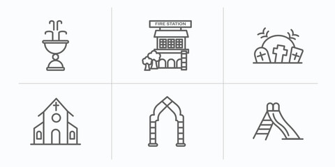 city elements outline icons set. thin line icons such as fountain, fire station, cementery, church, arch, slide vector.