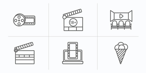 cinema outline icons set. thin line icons such as film reel playing, plus 18 movie, movie theatre, cinema clapperboard, laptop with film strip, stripped ice cream cone vector.